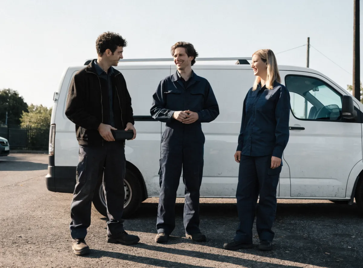 Das Team von Elektrotechnik Hollmann vor dem Firmenwagen