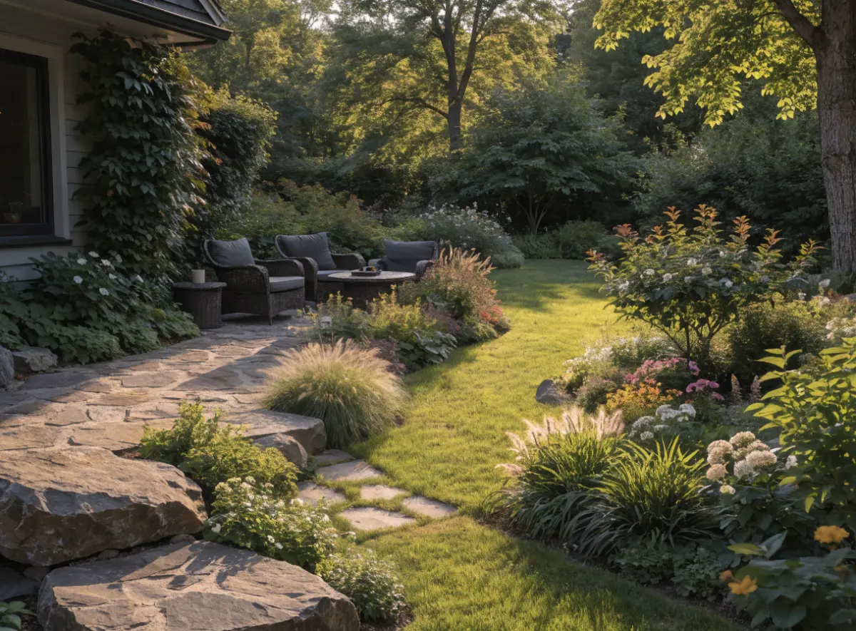 Neu angelegter Garten mit Naturstein-Terrasse und Rasen