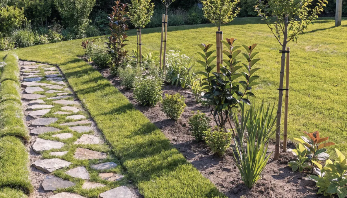 Frisch angelegter Garten mit Rasen und neuen Beeten