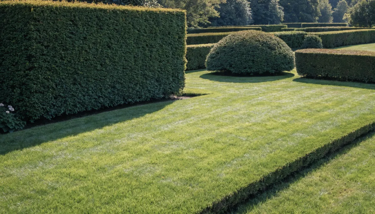 Gepflegter Garten mit geschnittener Hecke und Rasen