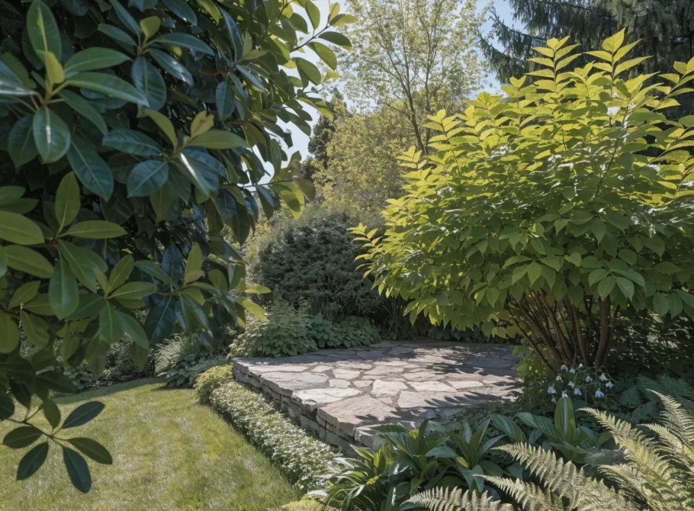 Neu verlegte Terrasse aus Naturstein im Garten