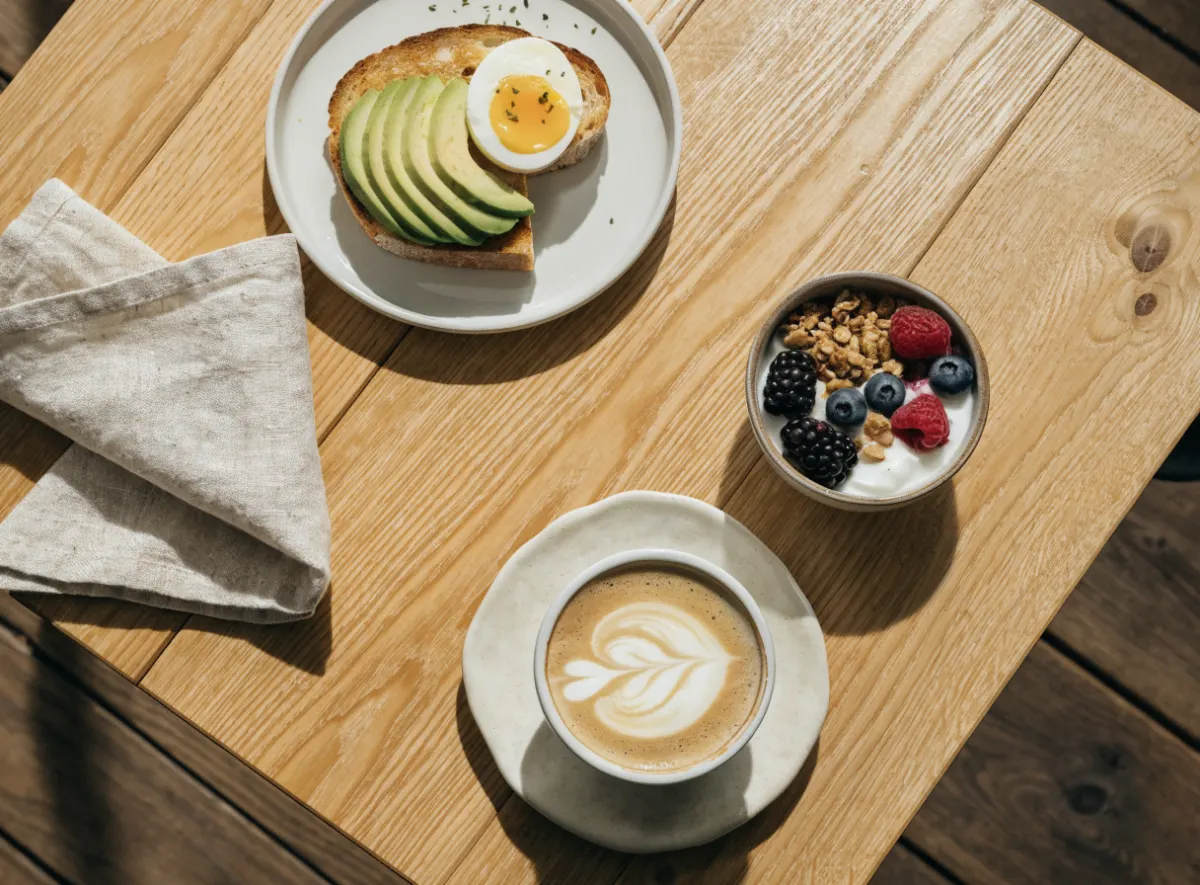 Frühstück von oben: Sauerteigbrot mit Avocado und Ei, Granola mit Beeren und ein Flat White